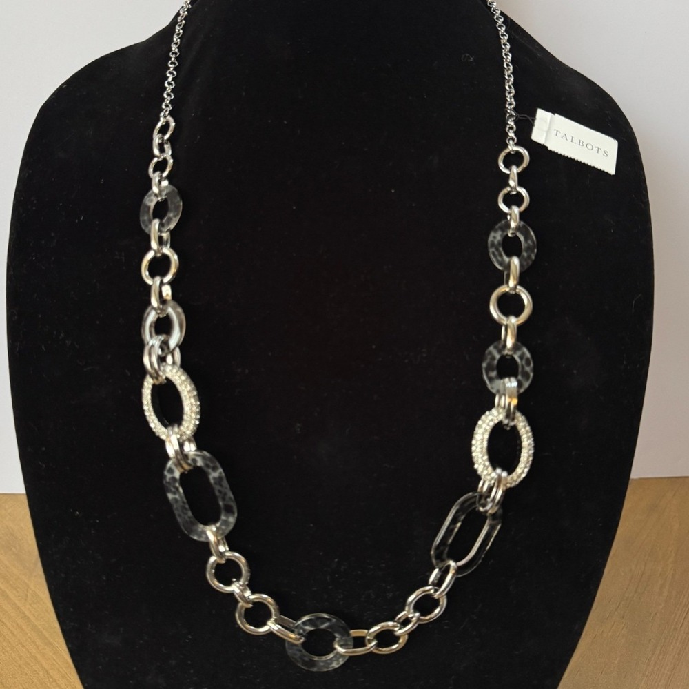 Talbots Silver Tone Mixed Link Necklace Clear Tortoise‎ Acrylic & Pavé Accents